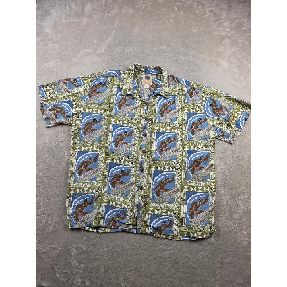 Kahala Hawaiian Shirt Mens XL Blue Green Surfer Print Rayon Button Up